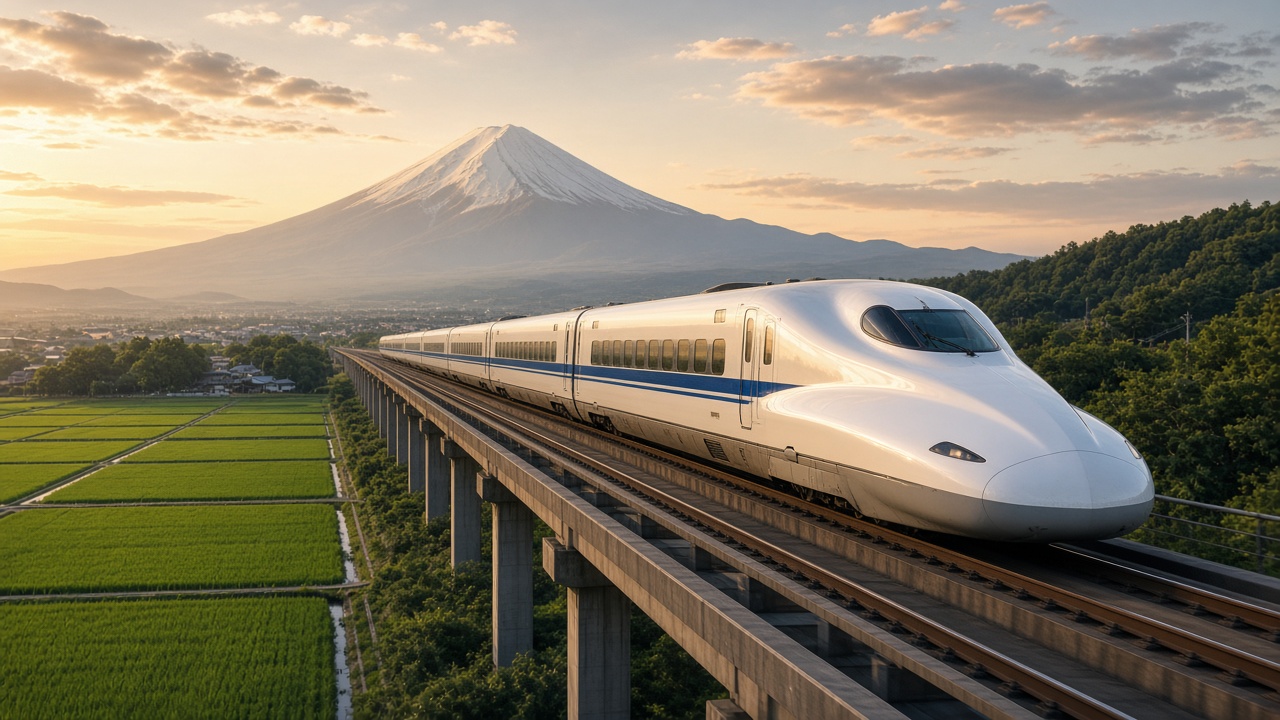 稲田と富士山を背景に走るN700S系新幹線